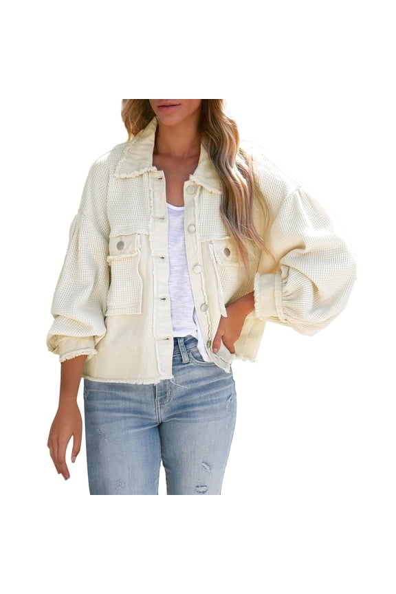Jackets for Women Trendy Denim Cropped Waffle Shirt Long Sleeve Button Down Pockets Fall Winter Coats for Women,A,L