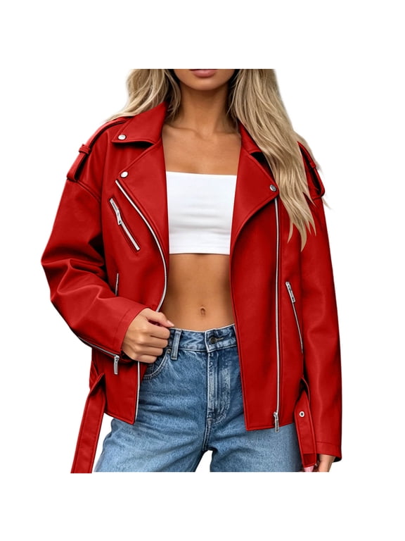 Jackets for Women Trendy Faux Leather Biker Jacket Zip Up Long Sleeve Belted Outwear with Pockets Casual Hiking Overcoat