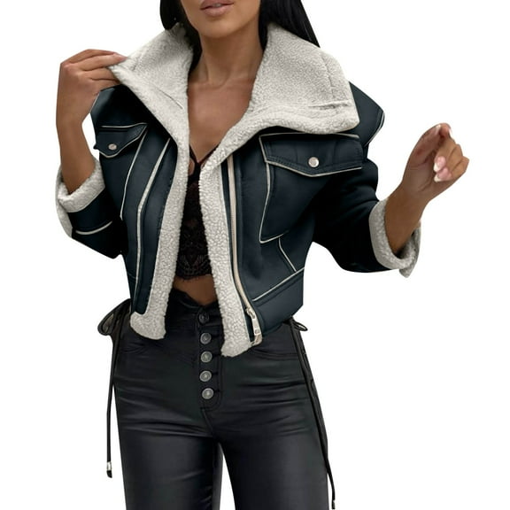 Jackets for Women Trendy Faux Suede Sherpa Cropped Long Sleeve Lapel Zip Up Fleece Fuzzy Moto Biker Winter Warm Coat
