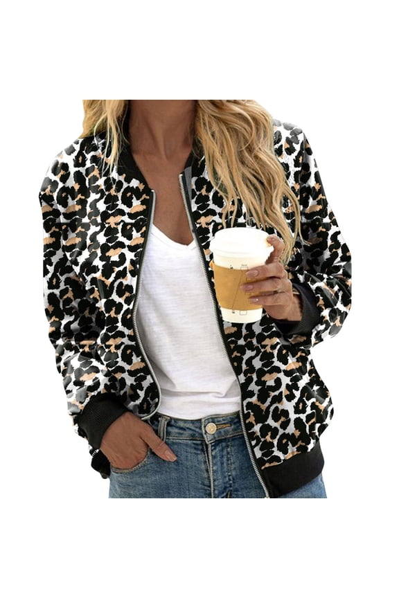 Jackets for Women Trendy Leopard Print Fashionable Zippered Lightweight Casual Bomber Fall Winter Coats for Women,Black,L