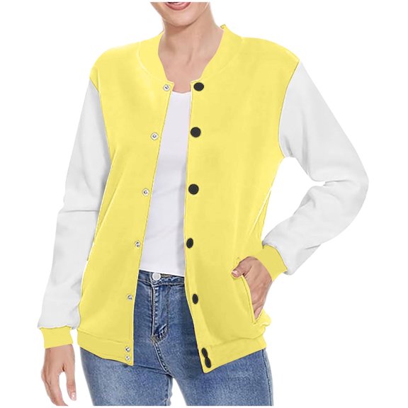 Jackets for Women Trendy New Women Casual Button down Cardigan Coat Fall Color Block Long Sleeve Baseball Jackets Outerwear with Pocket Yellow XXL