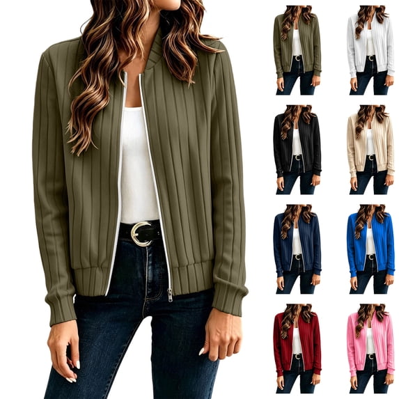 Jackets for Women Vertical Rib Knit Zip Cardigan Long Sleeve Crew Neck Cropped Knit Sweater Jacket L