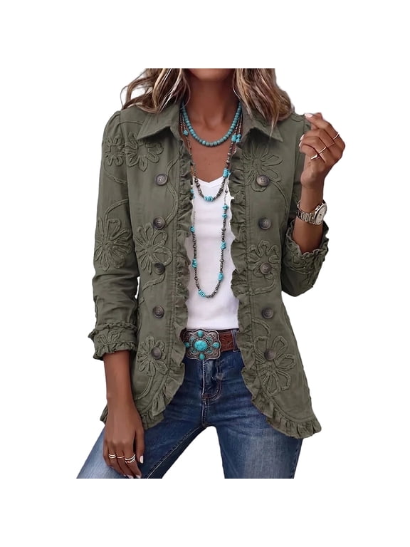 Jackets for Women Vintage Floral Embroidered Button Front Long Sleeve Collared Jacket Ruffle Trim Casual Outerwear