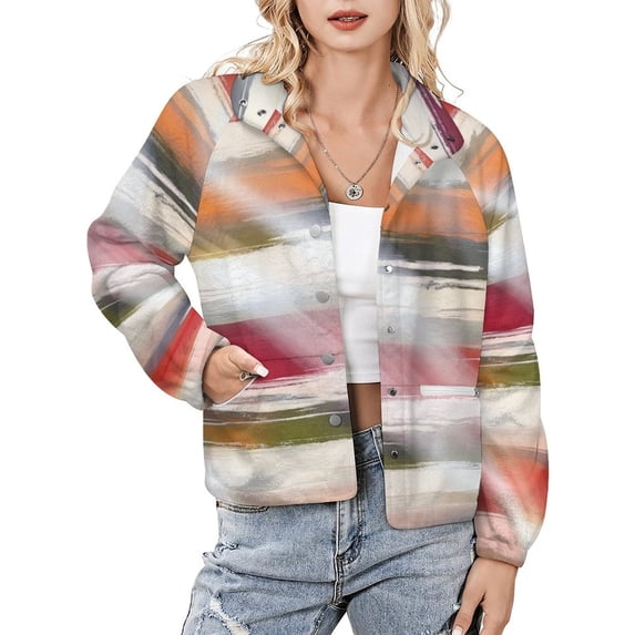 Jackets for Women Winter Coat Jackets Flannel Stand Collar Jacket(Abstract Colorful Striped Artwork,Size:S-4XL)