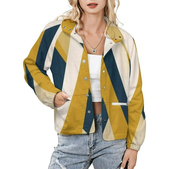 Jackets for Women Winter Coat Jackets Flannel Stand Collar Jacket(Abstract Geometric Gold Navy Art,Size:S-4XL)