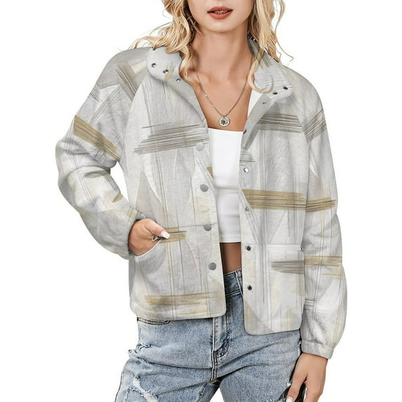 Jackets for Women Winter Coat Jackets Flannel Stand Collar Jacket(Abstract Grey Beige Leaf Lines,Size:S-4XL)