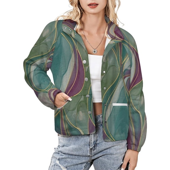 Jackets for Women Winter Coat Jackets Flannel Stand Collar Jacket(Abstract Marble Print,Size:S-4XL)
