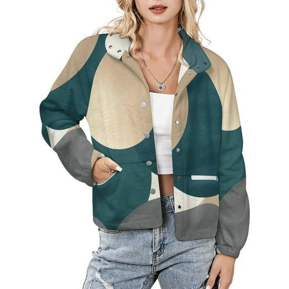 Jackets for Women Winter Coat Jackets Flannel Stand Collar Jacket(Abstract Ocean Waves Art Print,Size:S-4XL)