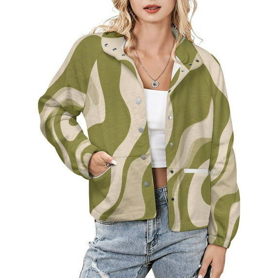 Jackets for Women Winter Coat Jackets Flannel Stand Collar Jacket(Abstract Olive Green Wavy Pattern,Size:S-4XL)