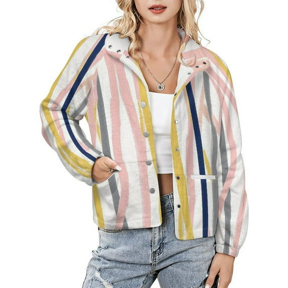 Jackets for Women Winter Coat Jackets Flannel Stand Collar Jacket(Abstract Pastel Painted Lines Art,Size:S-4XL)