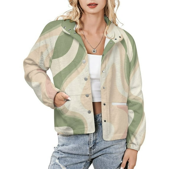 Jackets for Women Winter Coat Jackets Flannel Stand Collar Jacket(Abstract Pastel Wavy Design,Size:S-4XL)