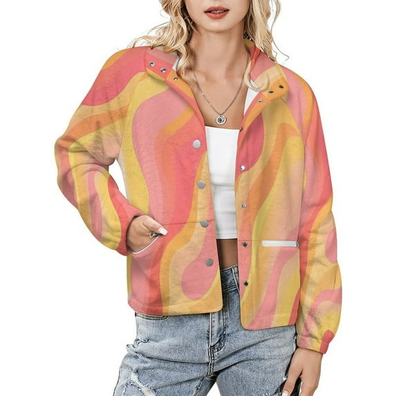 Jackets for Women Winter Coat Jackets Flannel Stand Collar Jacket(Abstract Wavy Pastel Design,Size:S-4XL)