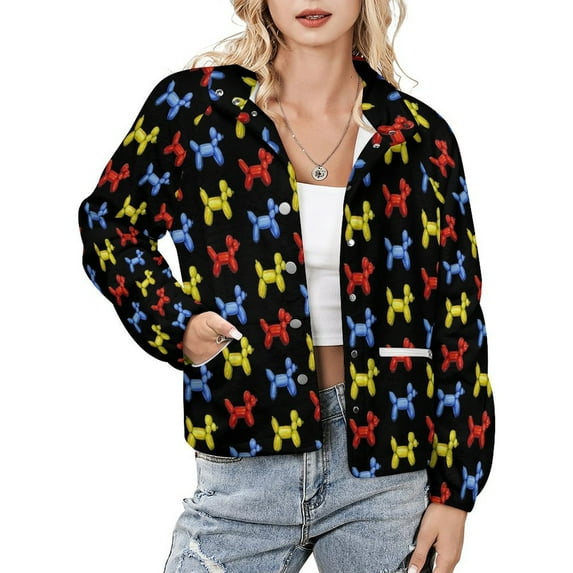Jackets for Women Winter Coat Jackets Flannel Stand Collar Jacket(Balloon Dogs, Black Background,Size:S-4XL)