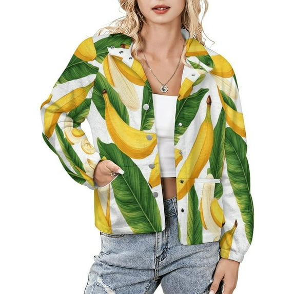 Jackets for Women Winter Coat Jackets Flannel Stand Collar Jacket(Banana Drawing,Size:S-4XL)