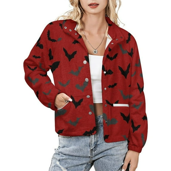 Jackets for Women Winter Coat Jackets Flannel Stand Collar Jacket(Bats,Size:S-4XL)
