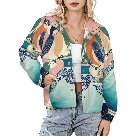Jackets for Women Winter Coat Jackets Flannel Stand Collar Jacket(Birds & Leaves Floral Art Print,Size:S-4XL)