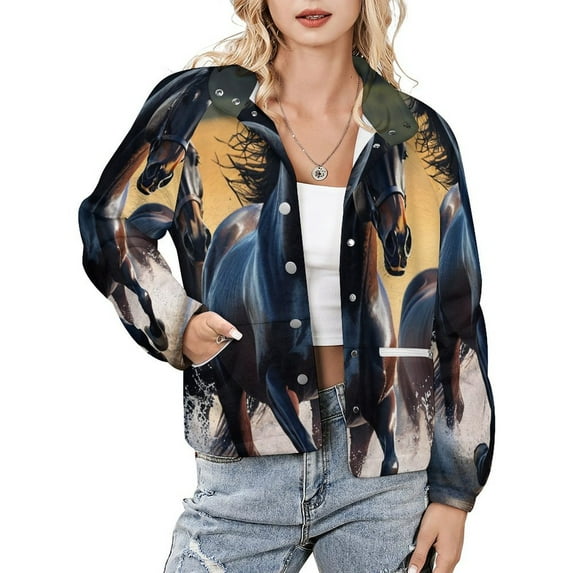 Jackets for Women Winter Coat Jackets Flannel Stand Collar Jacket(Black Horses Running,Size:S-4XL)