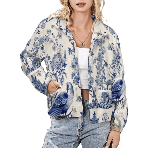 Jackets for Women Winter Coat Jackets Flannel Stand Collar Jacket(Blue Chinoiserie Toile Beautiful Bird,Size:S-4XL)