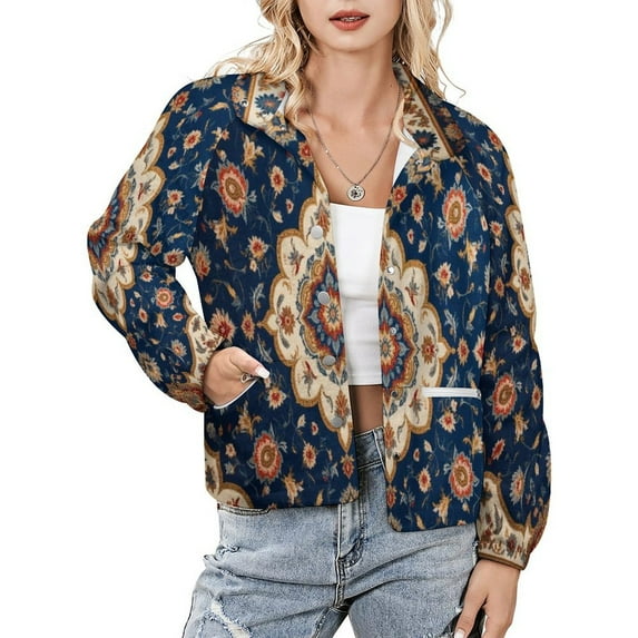 Jackets for Women Winter Coat Jackets Flannel Stand Collar Jacket(Blue Floral Oriental Rug,Size:S-4XL)