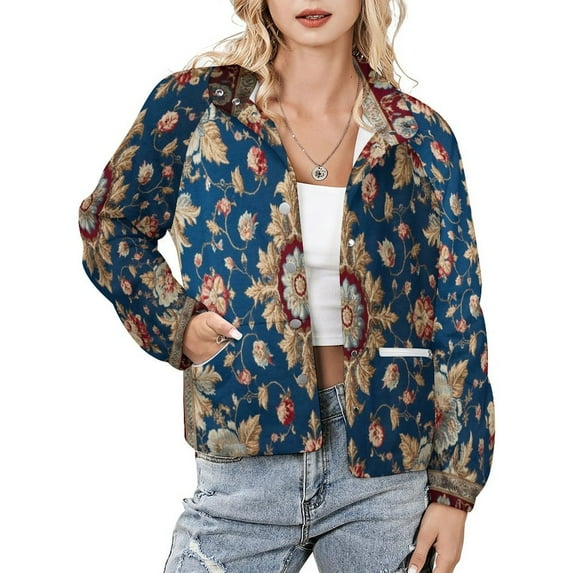 Jackets for Women Winter Coat Jackets Flannel Stand Collar Jacket(Blue Floral Pattern Rug,Size:S-4XL)
