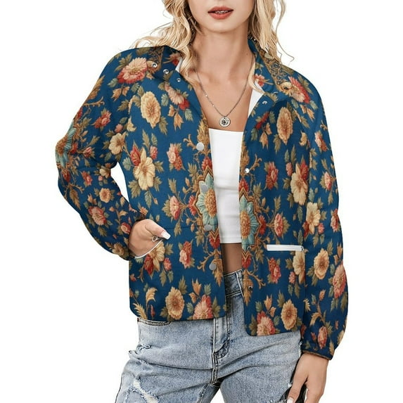 Jackets for Women Winter Coat Jackets Flannel Stand Collar Jacket(Blue Floral Pattern Square,Size:S-4XL)