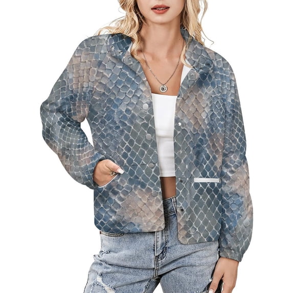 Jackets for Women Winter Coat Jackets Flannel Stand Collar Jacket(Blue Snakeskin Textured Pattern,Size:S-4XL)