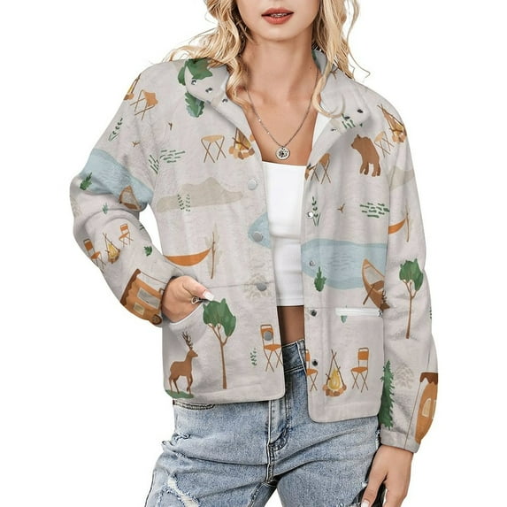 Jackets for Women Winter Coat Jackets Flannel Stand Collar Jacket(Cartoon Camper,Size:S-4XL)