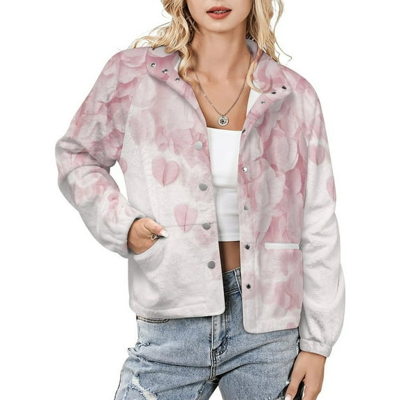 Jackets for Women Winter Coat Jackets Flannel Stand Collar Jacket(Cherry Blossom Floral Print,Size:S-4XL)