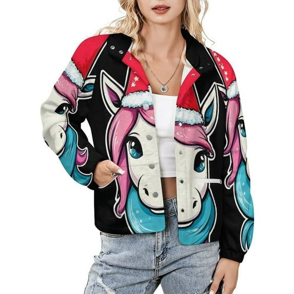Jackets for Women Winter Coat Jackets Flannel Stand Collar Jacket(Christmas Unicorn Hat Scarf,Size:S-4XL)