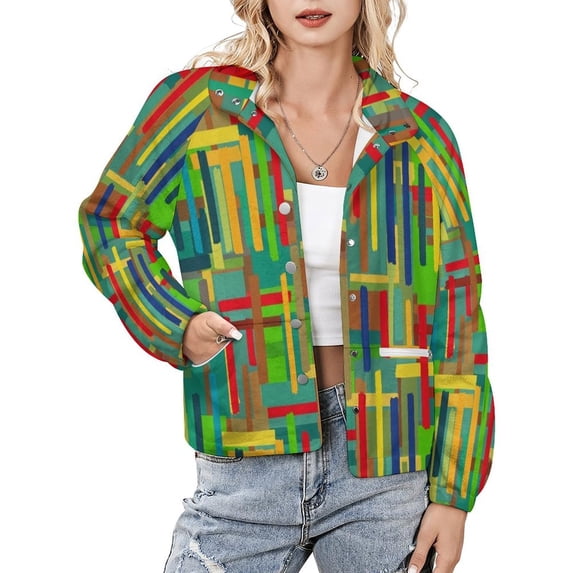 Jackets for Women Winter Coat Jackets Flannel Stand Collar Jacket(Colorful Abstract Geometric Pattern,Size:S-4XL)