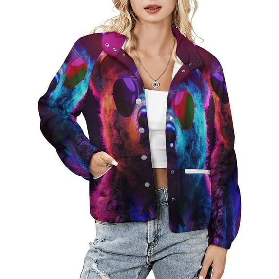 Jackets for Women Winter Coat Jackets Flannel Stand Collar Jacket(Colorful Bear in Hat And Glasses,Size:S-4XL)