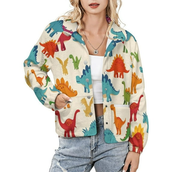 Jackets for Women Winter Coat Jackets Flannel Stand Collar Jacket(Colorful Dinosaur,Size:S-4XL)