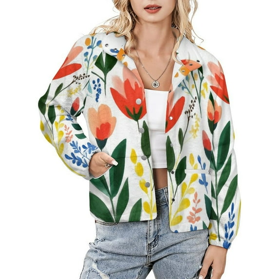 Jackets for Women Winter Coat Jackets Flannel Stand Collar Jacket(Colorful Floral Watercolor Painting,Size:S-4XL)