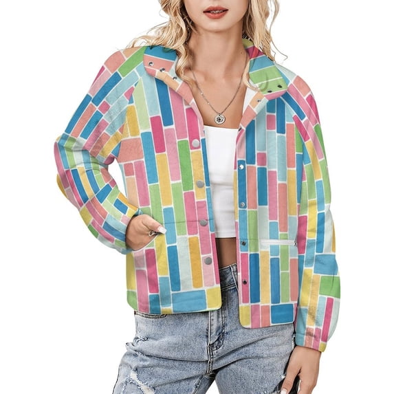 Jackets for Women Winter Coat Jackets Flannel Stand Collar Jacket(Colorful Geometric Tiles Print,Size:S-4XL)