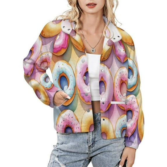 Jackets for Women Winter Coat Jackets Flannel Stand Collar Jacket(Colorful Glazed Donuts Pattern,Size:S-4XL)