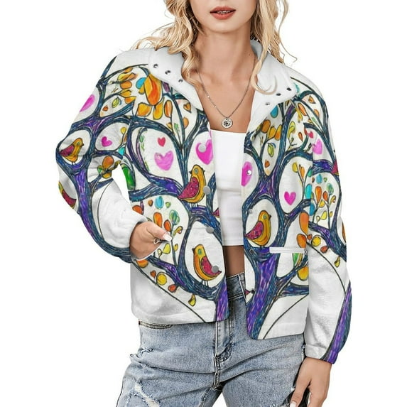 Jackets for Women Winter Coat Jackets Flannel Stand Collar Jacket(Colorful Heart Tree Flowers,Size:S-4XL)