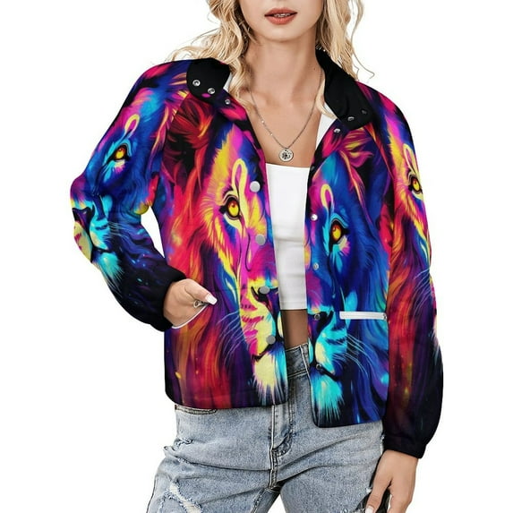Jackets for Women Winter Coat Jackets Flannel Stand Collar Jacket(Colorful Lion Art,Size:S-4XL)