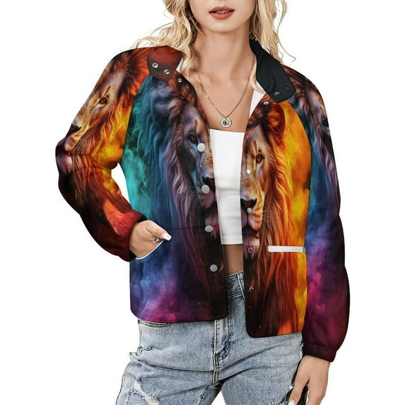 Jackets for Women Winter Coat Jackets Flannel Stand Collar Jacket(Colorful Lion Flame Art,Size:S-4XL)