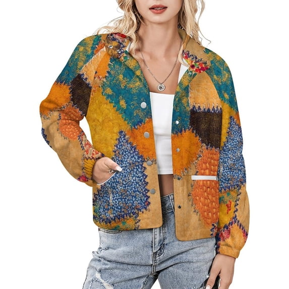 Jackets for Women Winter Coat Jackets Flannel Stand Collar Jacket(Colorful Patchwork Textile Design,Size:S-4XL)