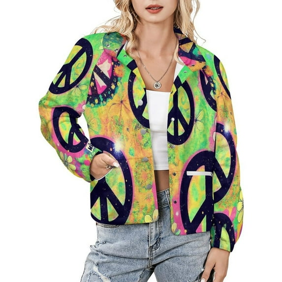 Jackets for Women Winter Coat Jackets Flannel Stand Collar Jacket(Colorful Peace Signs Pattern,Size:S-4XL)