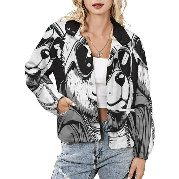 Jackets for Women Winter Coat Jackets Flannel Stand Collar Jacket(Cool Bear in Shades And Chain,Size:S-4XL)