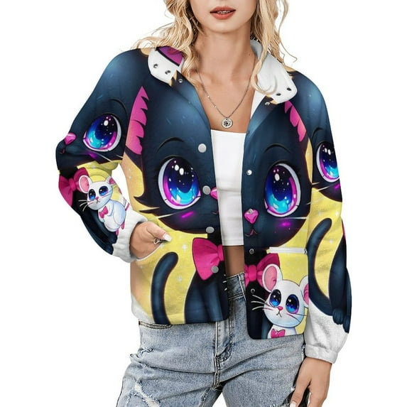 Jackets for Women Winter Coat Jackets Flannel Stand Collar Jacket(Cute Cat Mouse Glow,Size:S-4XL)