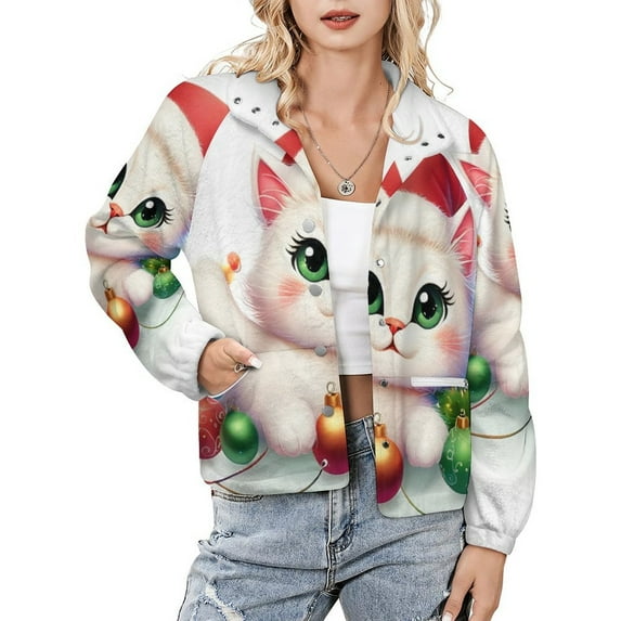 Jackets for Women Winter Coat Jackets Flannel Stand Collar Jacket(Cute Christmas Cat Decor,Size:S-4XL)