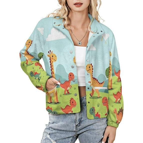 Jackets for Women Winter Coat Jackets Flannel Stand Collar Jacket(Cute Dinos in Sunny Field,Size:S-4XL)