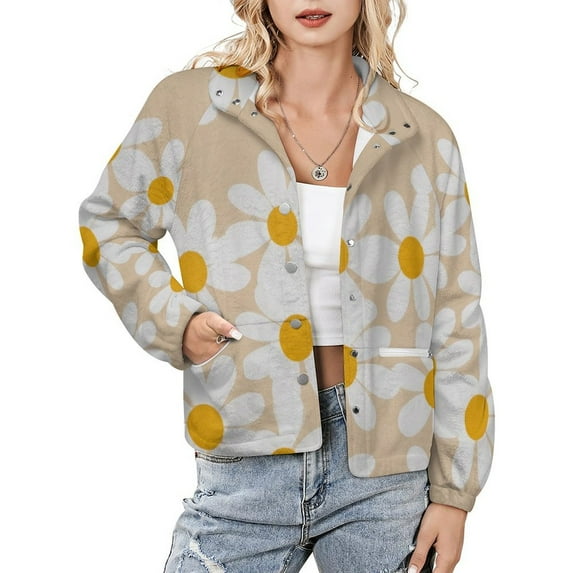 Jackets for Women Winter Coat Jackets Flannel Stand Collar Jacket(Daisy Floral Beige Print,Size:S-4XL)