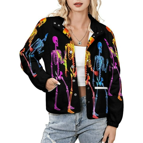 Jackets for Women Winter Coat Jackets Flannel Stand Collar Jacket(Dancing Skeletons,Size:S-4XL)
