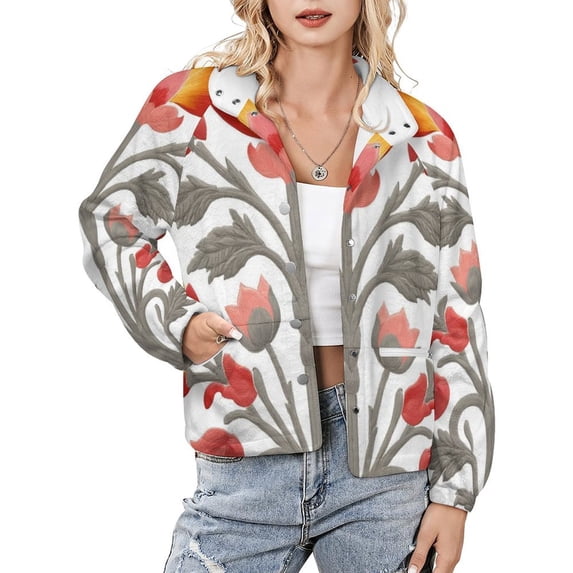 Jackets for Women Winter Coat Jackets Flannel Stand Collar Jacket(Elegant Floral Gray Design,Size:S-4XL)
