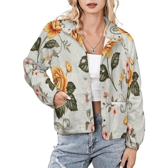Jackets for Women Winter Coat Jackets Flannel Stand Collar Jacket(Elegant Floral Pattern Grey Background Orange Roses,Size:S-4XL)