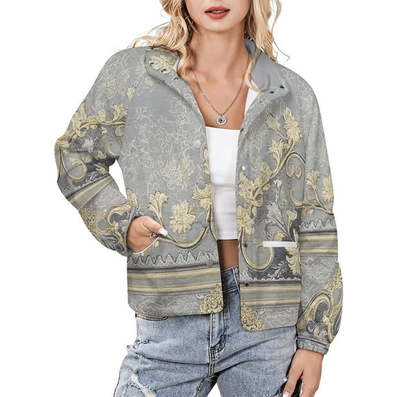 Jackets for Women Winter Coat Jackets Flannel Stand Collar Jacket(Elegant Grey Gold Floral Design,Size:S-4XL)