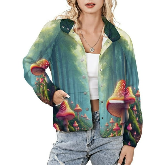 Jackets for Women Winter Coat Jackets Flannel Stand Collar Jacket(Enchanted Forest with Mushrooms,Size:S-4XL)